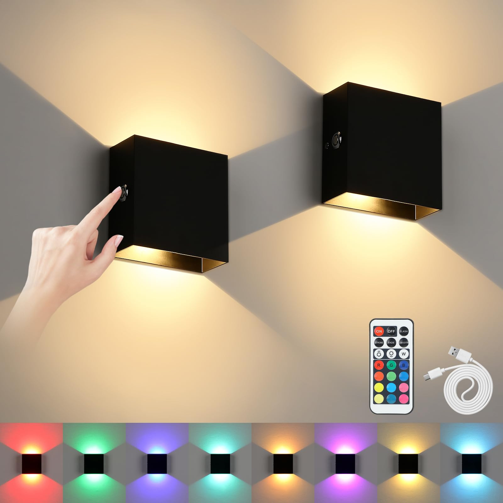 Colored Wall Sconces with Remote Set of 2, Rechargeable Wall Light Battery Operated, Black Up and... | Amazon (US)