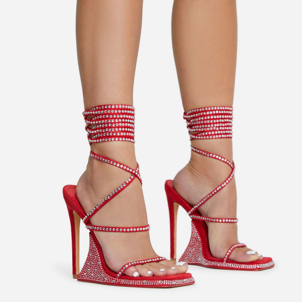 To-The-Beat Lace Up Diamante Detail Statement Platform Wedge Stiletto Heel In Red Faux Suede | EGO Shoes (US & Canada)