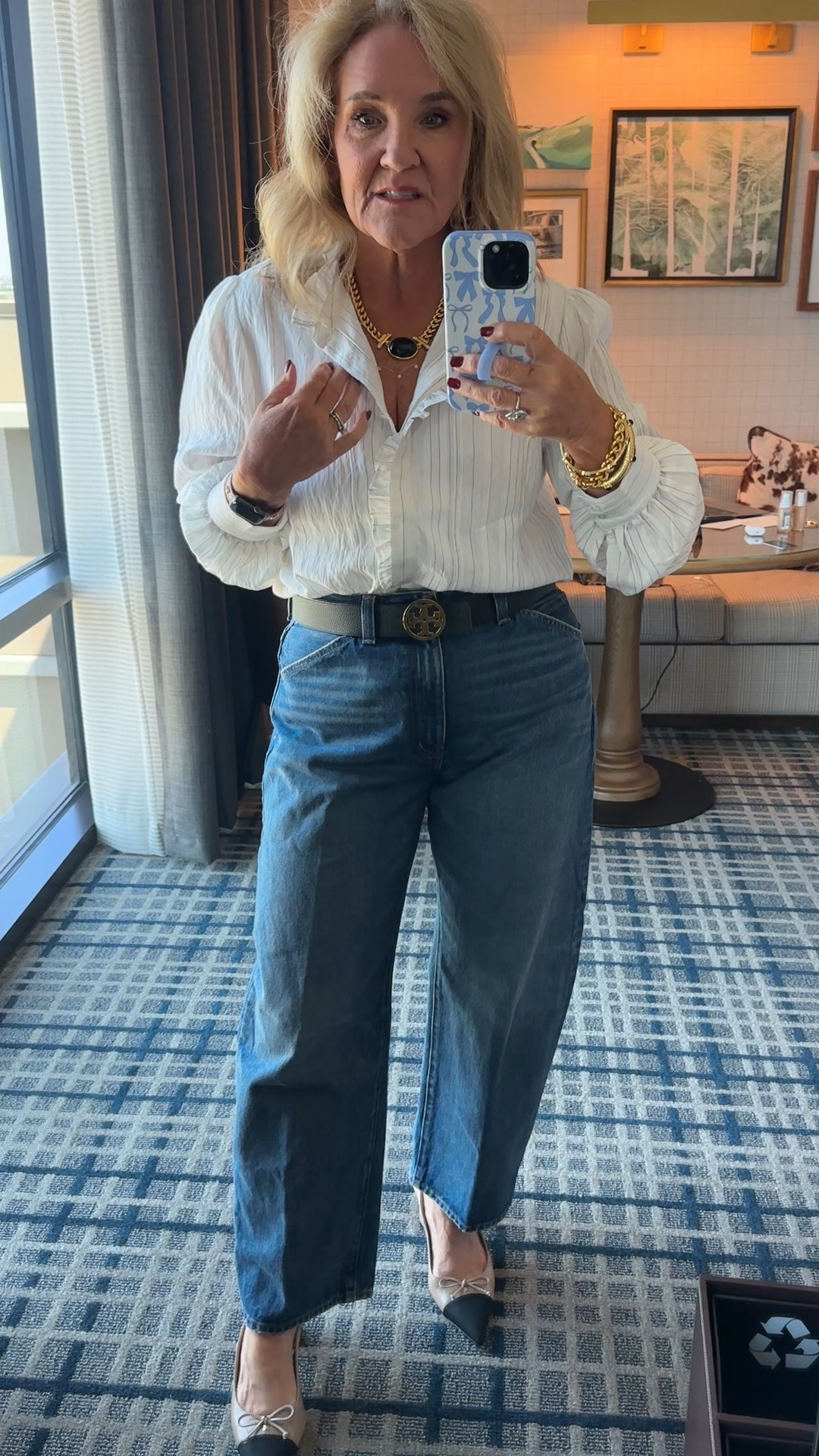 Madewell blouse on sale extra 40% off! I’m wearing a large. 
Great under sweaters and blazers. Picked this up at this discounted price.
My jeans are also by Madewell I’m wearing a size 29 petite



#LTKFindsUnder100 #LTKSaleAlert #LTKOver40