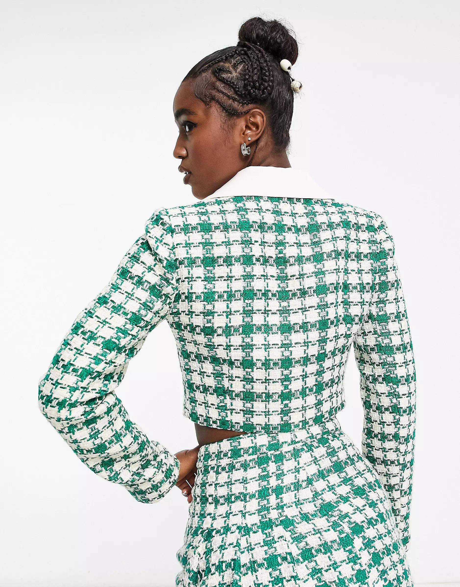 Miss Selfridge contrast collar check boucle blazer co-ord in green | ASOS (Global)