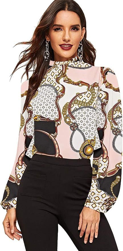 Romwe Women's Elegant Printed Stand Collar Long Sleeve Workwear Blouse Top Shirts | Amazon (US)