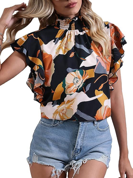 Floerns Women's Floral Print Mock Neck Ruffle Butterfly Sleeve Casual Blouse Tops | Amazon (US)