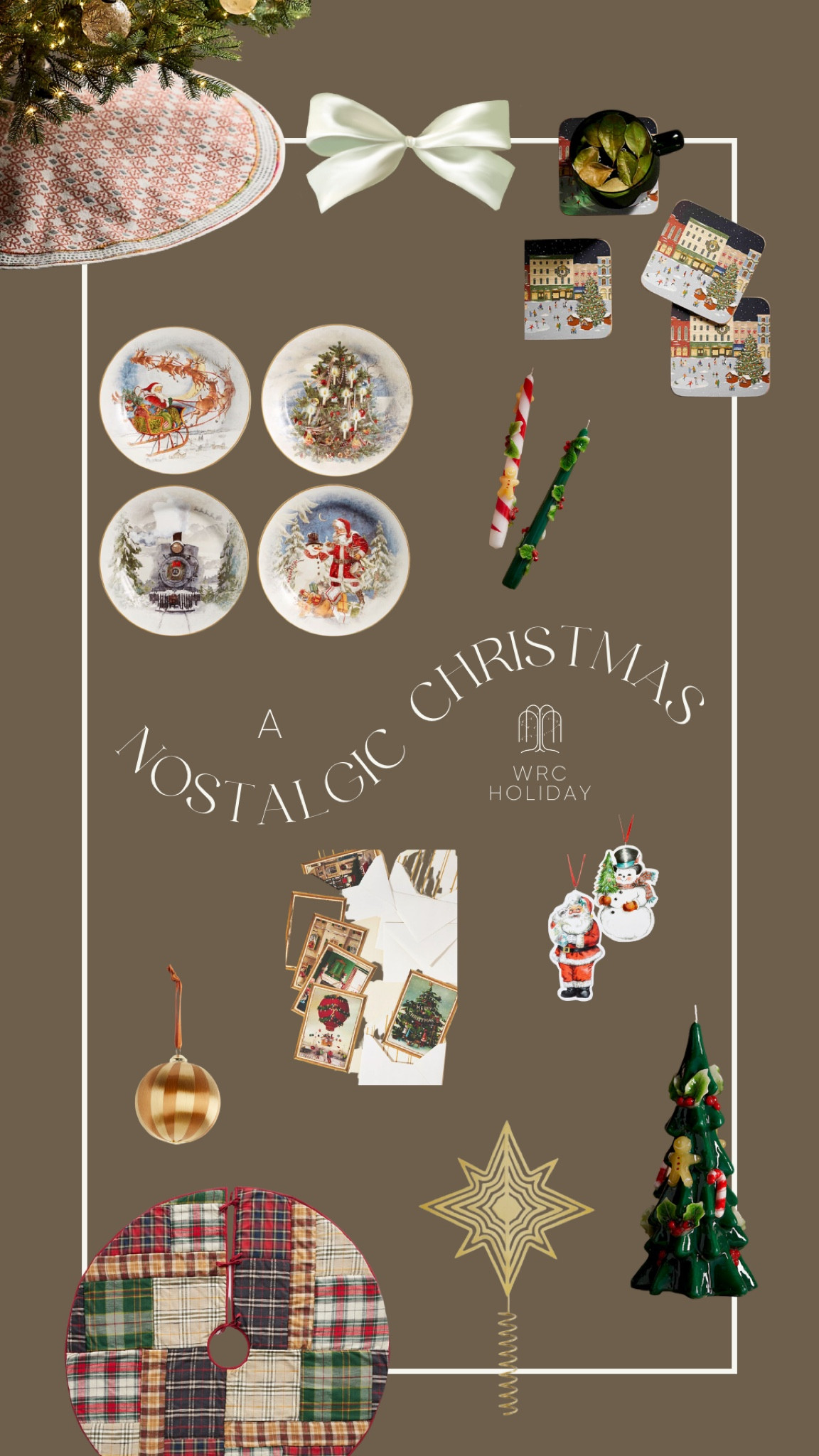 A collection of festive decor and items with a nostalgic Christmas feel. Vintage Christmas plates, Christmas tree skirt, retro Christmas coasters, plaid patterned tree skirt, Christmas cards, vintage ornaments, tree shaped candle

#LTKHolidaySale #LTKSeasonal #LTKHoliday