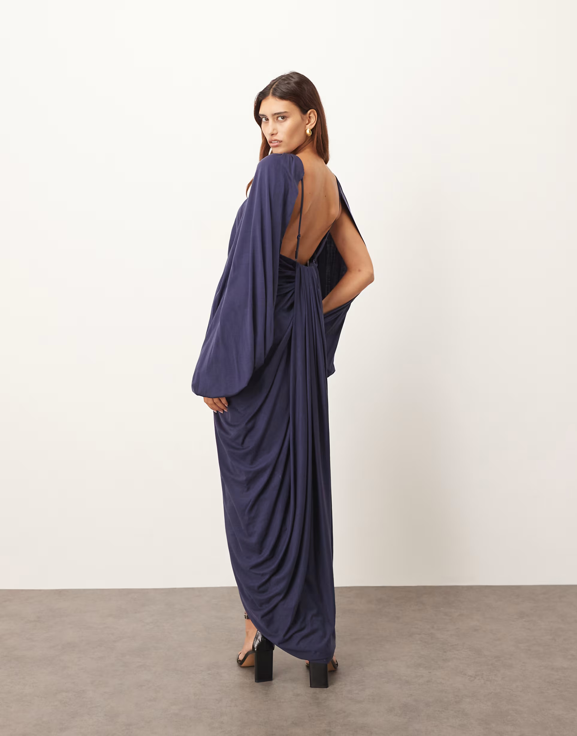 ARRANGE draped midi dress with balloon sleeves and hardware detail in navy | ASOS (Global)