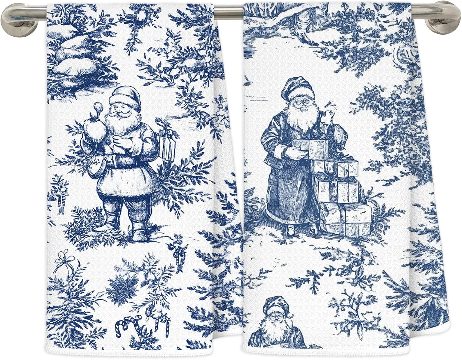 Blue and White Chinoiserie Christmas Santa Kitchen Dish Towels, Grandmillennial Holiday Xmas Tree Decorative Hand Towels for Bathroom, Christmas Kitchen Bathroom Decor, 16x24 Inch Set of 2 | Amazon (US)