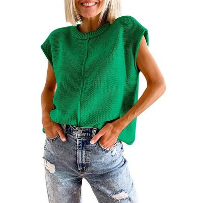 Womens Pullover Sweater Vest Crew Neck Cap Sleeve Loose Fits Sweater Ribbed Knit Tops Solid Sweaters for Women,Green - M | Target