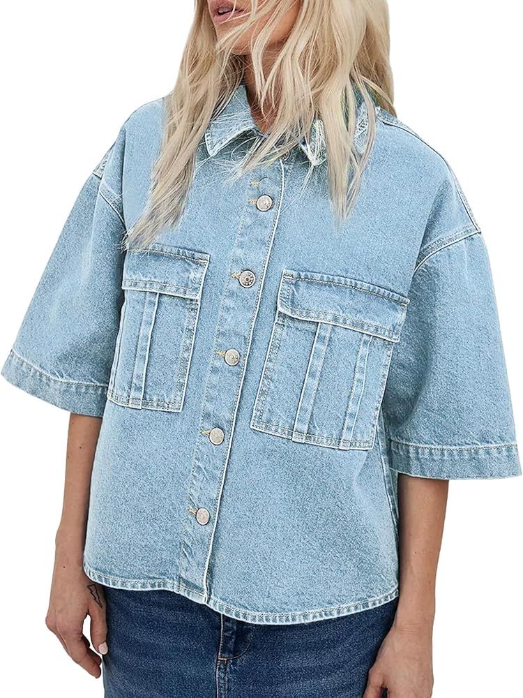 Kedera Womens Button Down Denim Shirts Casual Shirt Casual Collared Short Sleeve Western Pocket C... | Amazon (US)