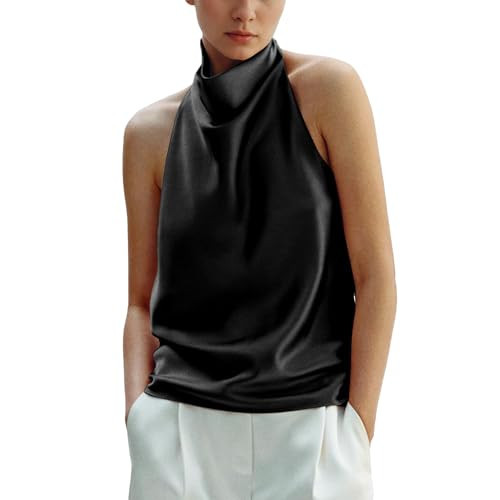 Maohao Women's Silk Satin Tank Tops Halter Draped Front Sexy Backless Womens Summer Tops Elegant Camisole Tops (Black,M) | Amazon (US)