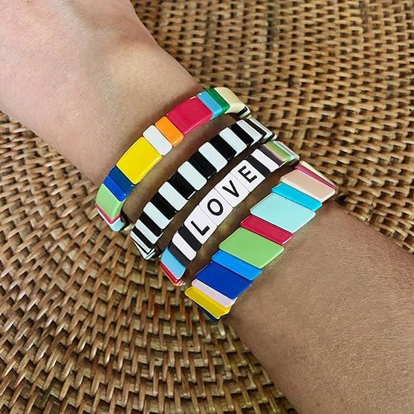 HZEYN Enamel Tile Bracelet Stackable Rainbow Tile Bead Love Stretchy Bracelet Colorblock Enamel Brit | Amazon (CA)