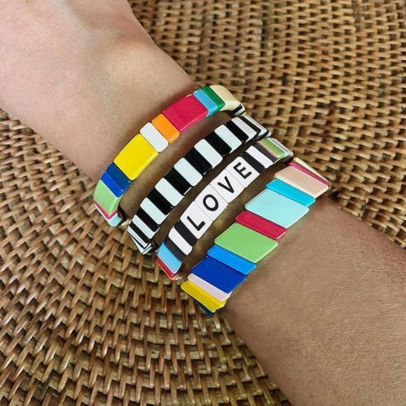 HZEYN Enamel Tile Bracelet Stackable Rainbow Tile Bead Love Stretchy Bracelet Colorblock Enamel Brit | Amazon (CA)
