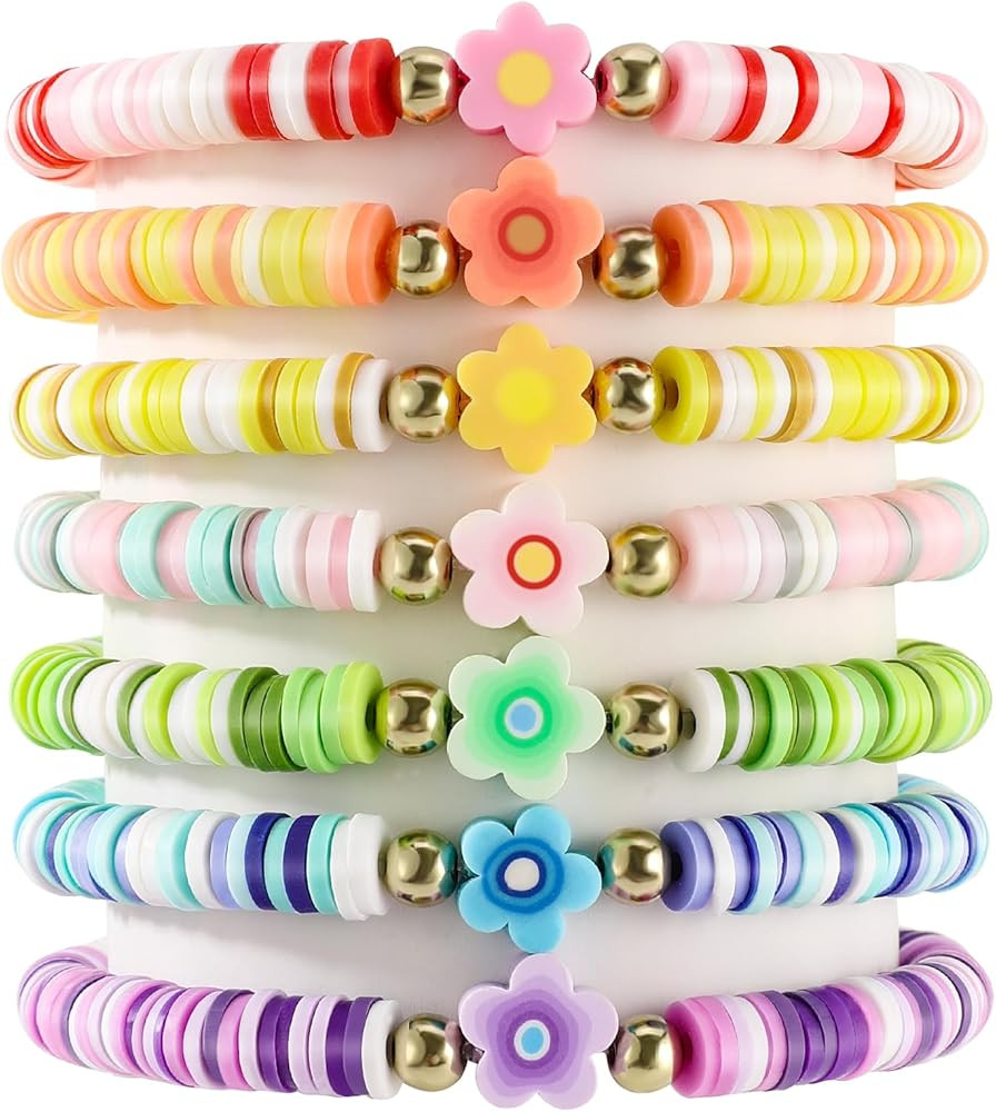 Yowivon Clay Bead Friendship Bracelets Summer Surfer Stackable Stretch Bracelet Flower White Blac... | Amazon (US)