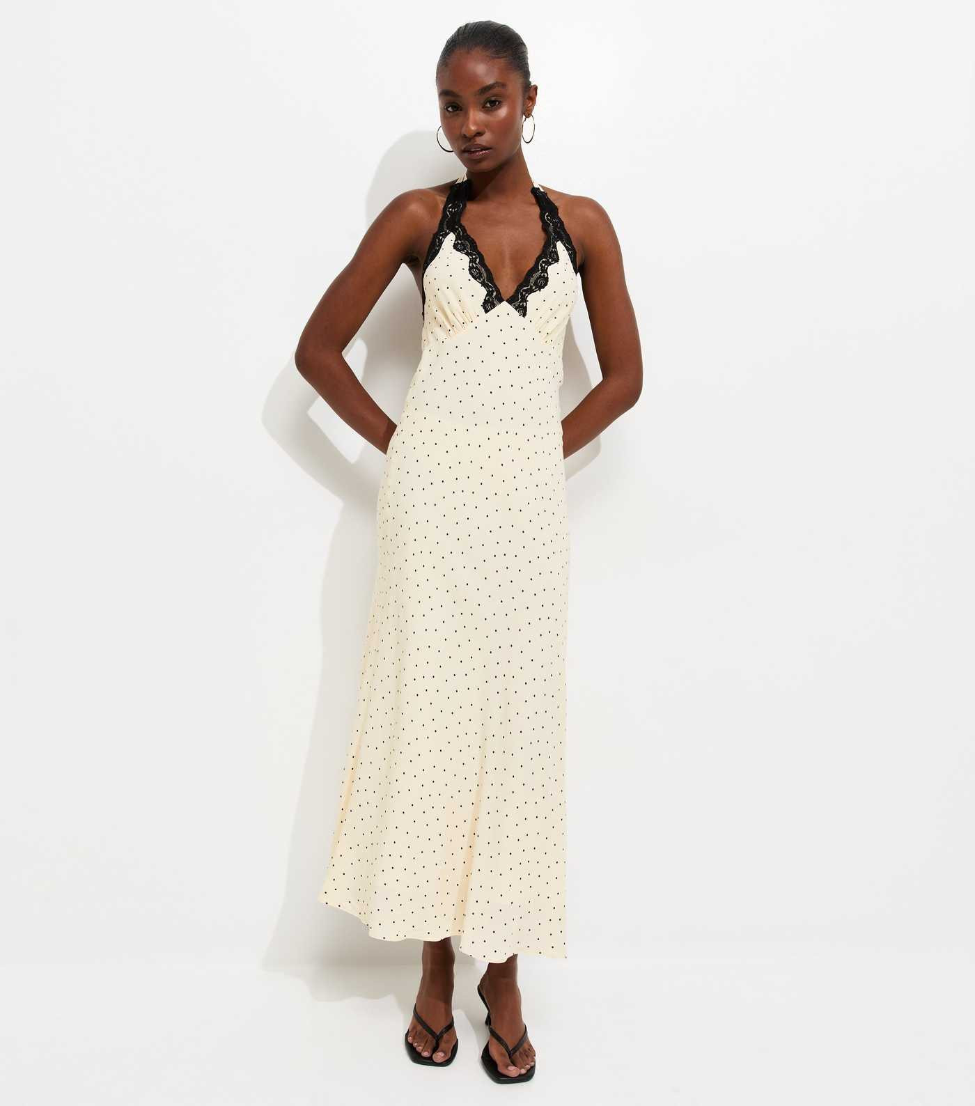 Cream Polka Dot Lace Trim Halter Neck Midi Dress | New Look | New Look (UK)