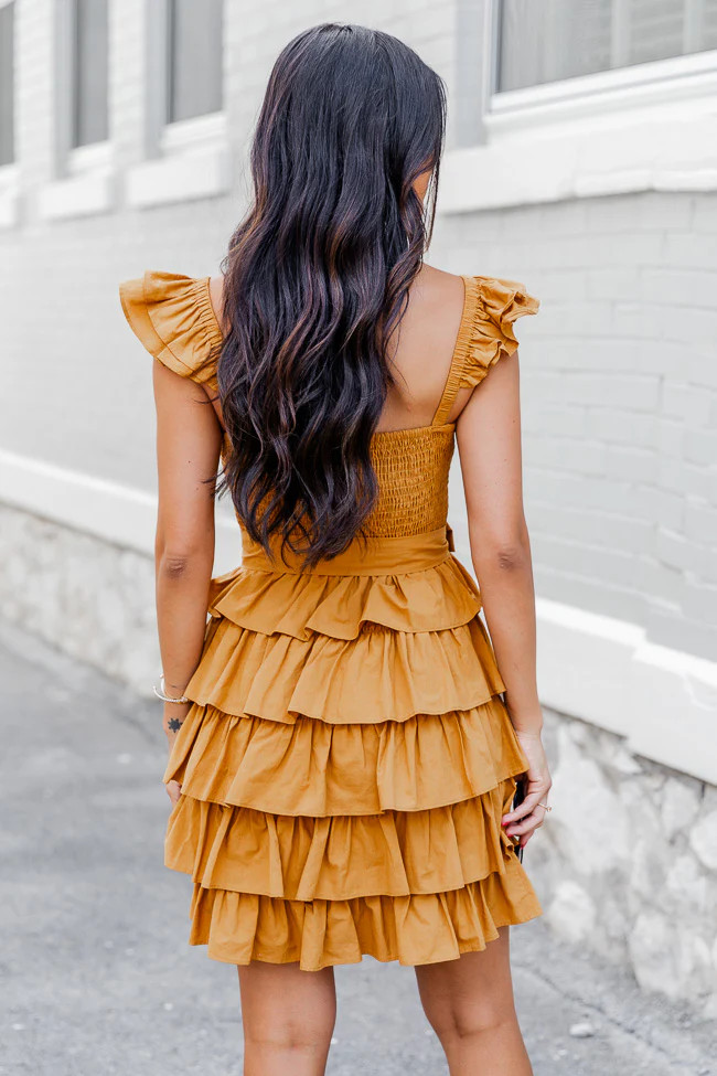Still Have Time Mustard Tiered Ruffle Belted Mini Dress FINAL SALE | Pink Lily