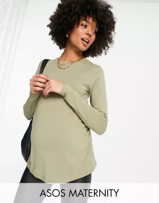 ASOS DESIGN Maternity ultimate slim fit T-shirt with long sleeves in organic cotton in khaki | ASOS (Global)