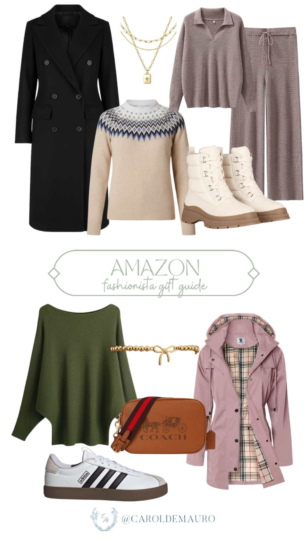 Hey fashion lovers! Getting your holiday shopping sorted with these Amazon fashionista gift ideas, from the sleek black long coat and the cute fair isle sweater to the cozy mauve knit sweater set and those tough-but-chic winter white boots. Don't forget the everyday essentials like the stylish olive sweater, a cool pink trench coat, some trendy layered gold necklaces, and those classic Adidas sneakers!

gift guide for her, affordable gifts, coach crossbody bag, shoes inspo, cozy season, layering pieces, transitional looks, fall to winter

#LTKGiftGuide #LTKSeasonal #LTKFindsUnder100