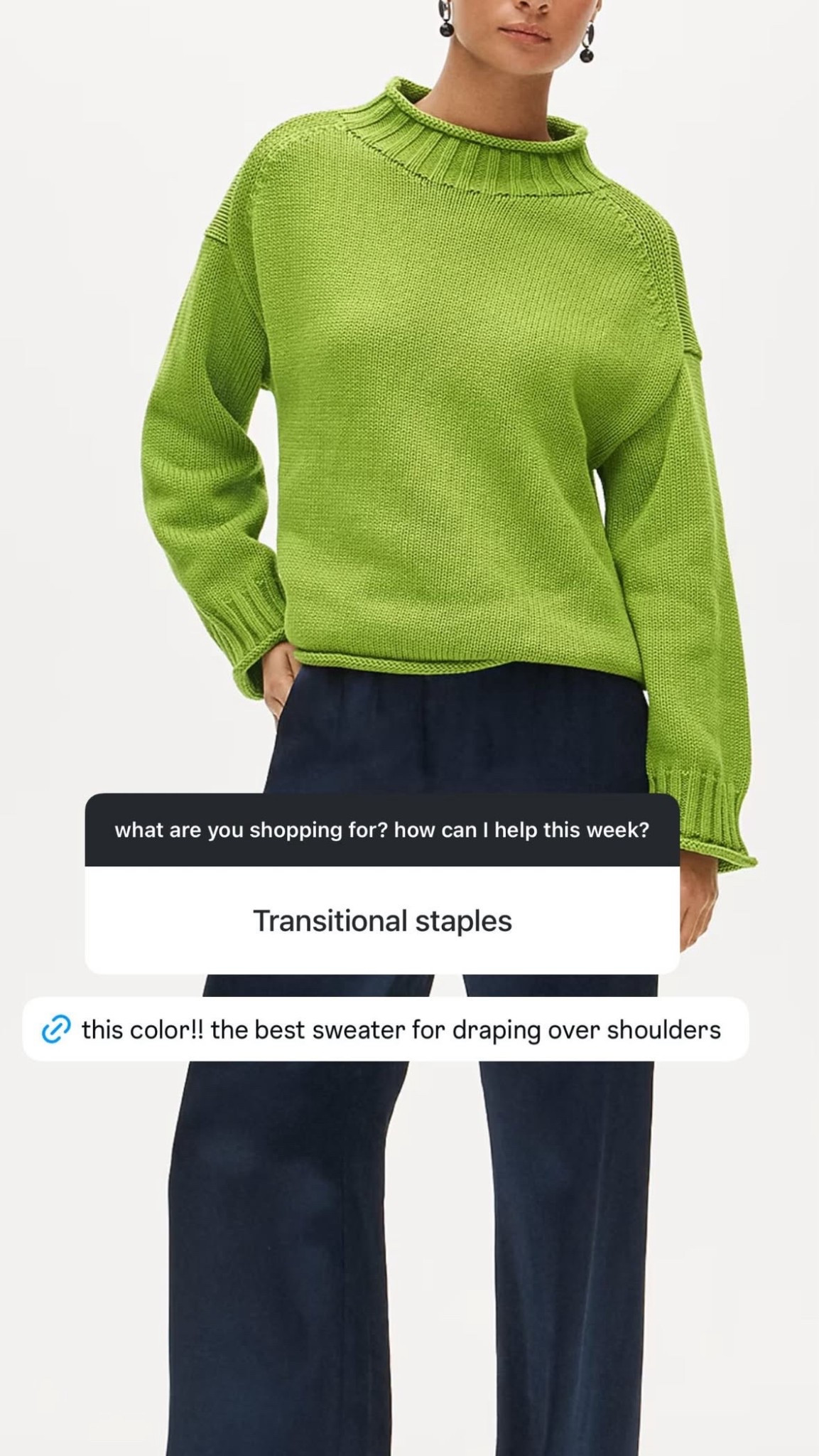 this color deserves its own moment. the kind of sweater that instantly makes an outfit feel elevated — perfect worn now, draped over your shoulders later, and on repeat into spring. an easy yes with denim, trousers, or thrown on for errands when you still want to look pulled together 💚

#LTKgrwm #LTKdayinmylife #LTKootd