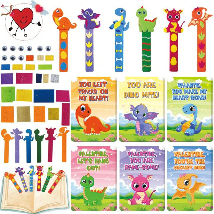 24 Packs Valentine's Day Crafts DIY Bookmark With Valentines Cards For Classroom, Dinosaur Theme ... | SHEIN