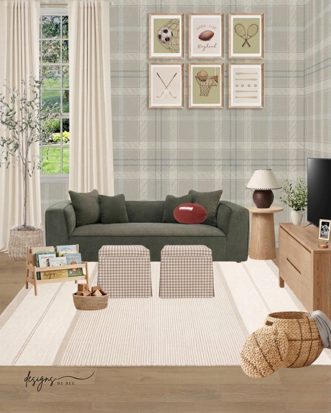 boys playroom ideas, sports themed playroom, neutral playroom decor, kids game room ideas, cozy game room decor, basement game room, blue plaid wallpaper room, gingham chairs neutral, playroom seating, kids lounge seating, bean bag chairs for kids, media console styling, large tv living room setup, cozy family movie night space, neutral rug living room, woven basket decor, layered neutral textures 

 #LTKHome #LTKBaby #LTKKids