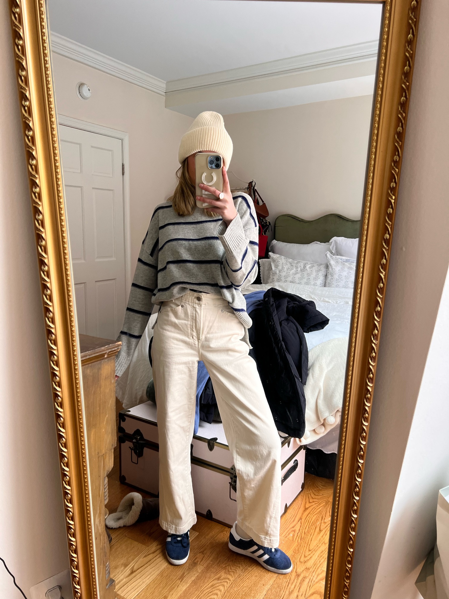 Snow day outfit / ecru wide leg denim / cream hat / cashmere wrap / gazelles / adidas sneakers 

#LTKGiftGuide #LTKfindsunder100 #LTKMostLoved