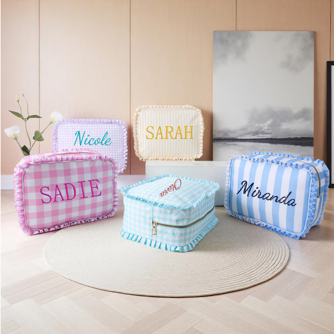 Personalized Ruffle Gingham Travel Bag, Custom Embroidered Name Cosmetic Pouch, Soft Toiletry Cas... | Etsy (US)