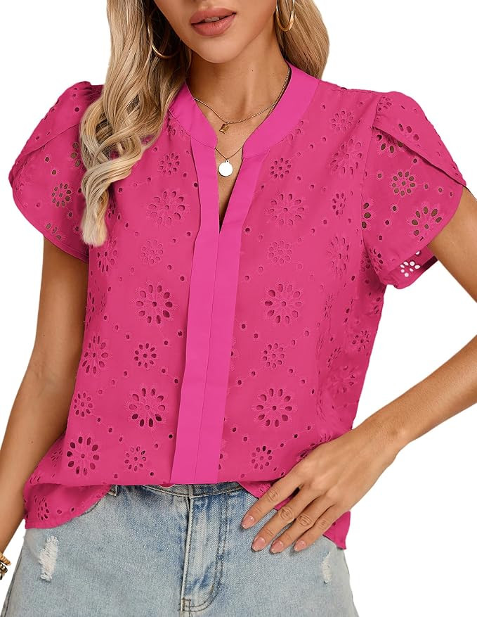 Kate Kasin Women Eyelet Spring Summer Tops, Dressy Casual Petal Short Sleeves Shirts, V Neck Lace... | Amazon (US)