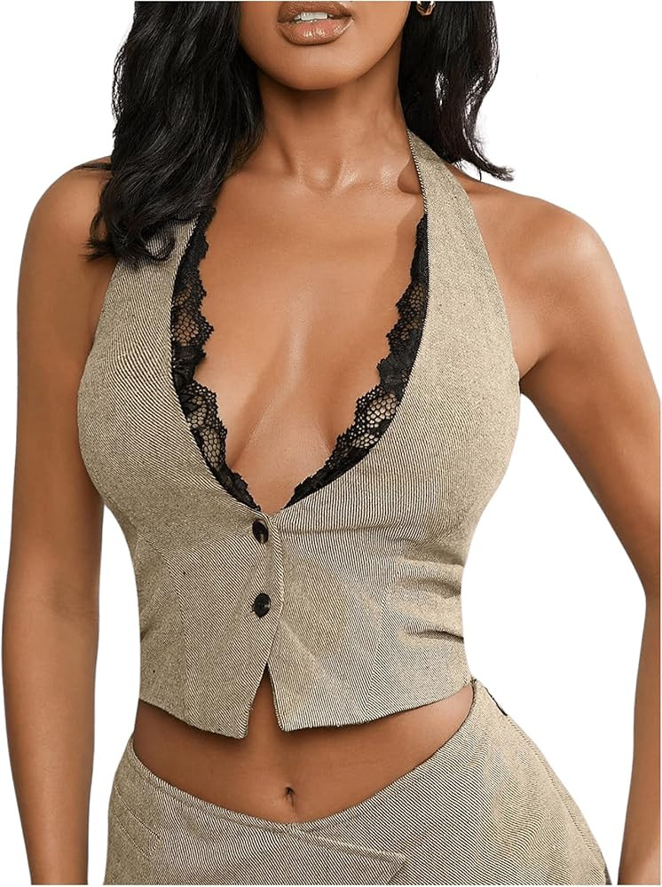 Floerns Women's Lace Trim Halter Neck Waistcoat Button Down Sleeveless Vest Crop Tops | Amazon (US)