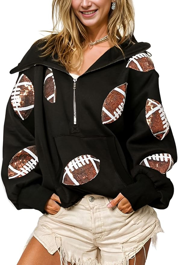 Joiemont Womens Football Sequin Rugby Patches Half Zip Up Fleece Hoodie Casual Pullover Long Slee... | Amazon (US)