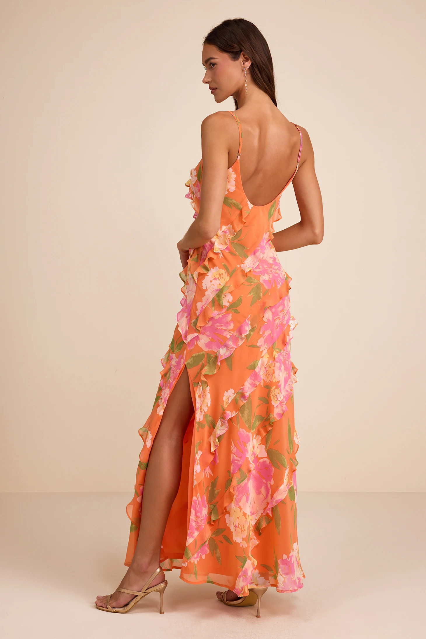 Zarina Orange Multi Floral Ruffled Maxi Dress | Lulus