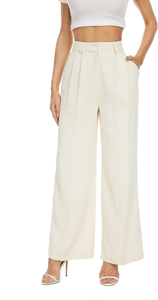 FUNYYZO Women's Wide Leg Work Pants High Waist Long Straight Trousers Causal Pants with Pocket | Amazon (US)