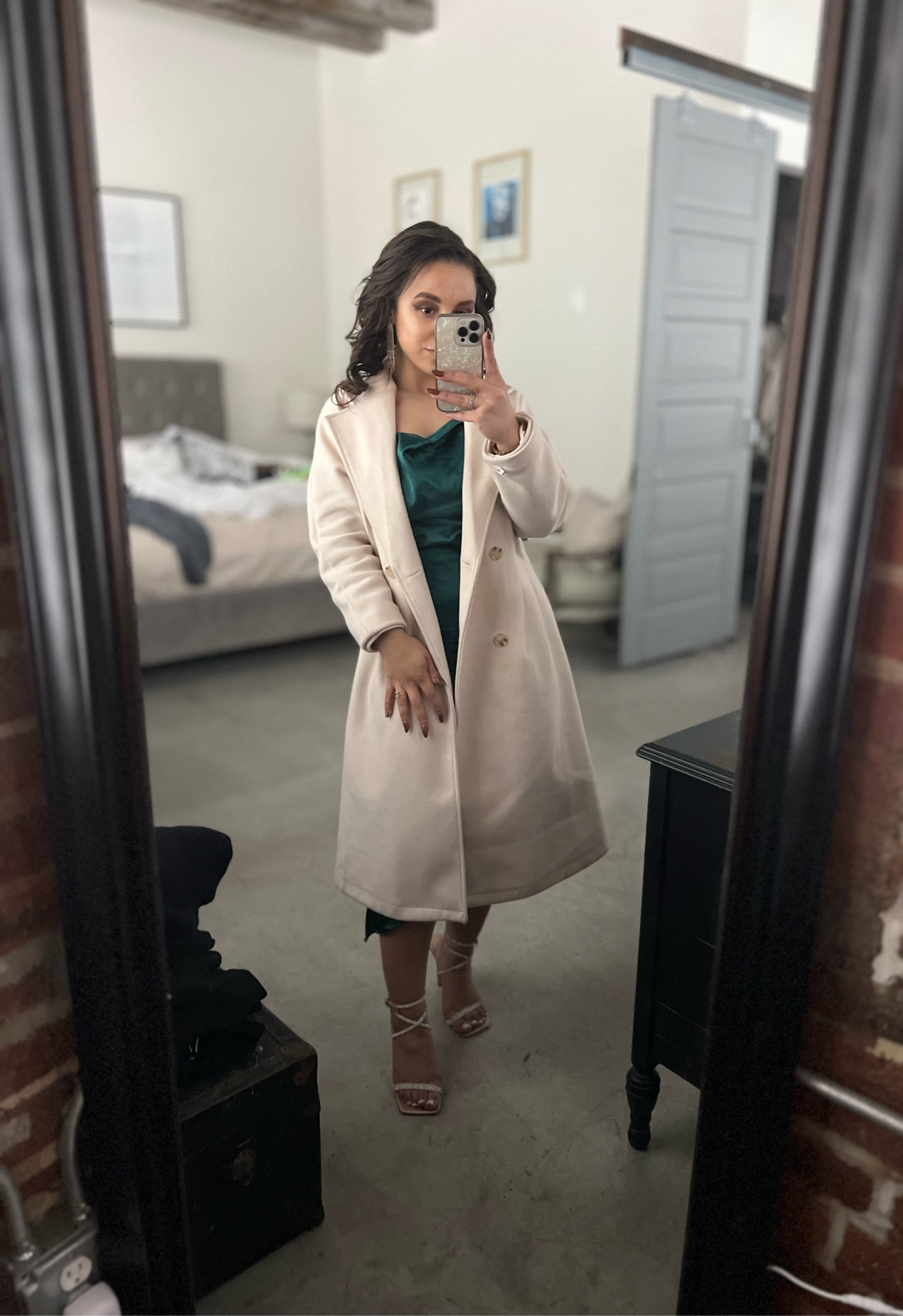 Could not get over this combination 😍 adding a sparkly shoe to this gorgeous rich green dress and adorable neutral long coat was the perfect way to elevate the outfit! 

#LTKshoecrush #LTKunder50 #LTKstyletip