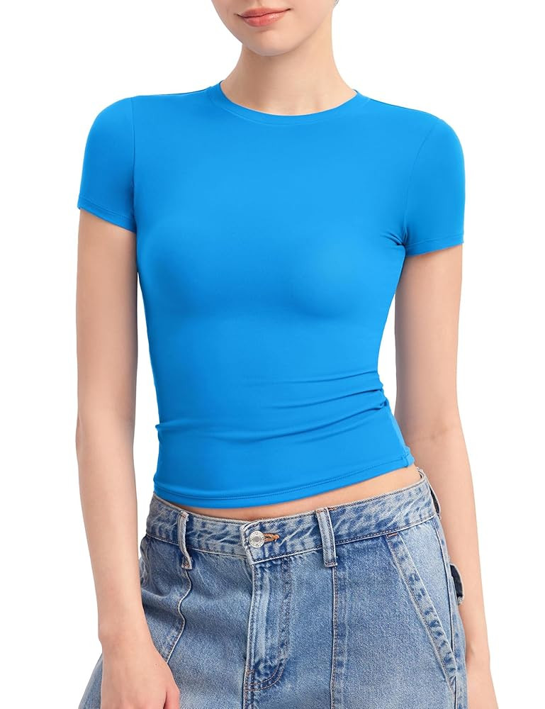 PUMIEY Women's Crew Neck Short Sleeve Tops Double Lined Slim Fit T Shirts Basic Tee Smoke Cloud P... | Amazon (US)
