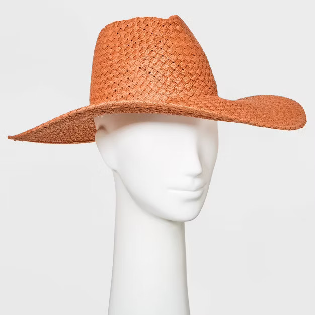 Women's Basket Weave Wide Brim Straw Fedora Hat - Universal Thread™ Dark Orange | Target