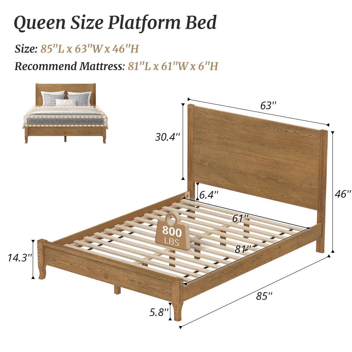 Solid Bed Natural Solid Panel Bed , High Quality Red Oak Solid Bed, Suitable For Bedrooms, Guest ... | Wayfair North America