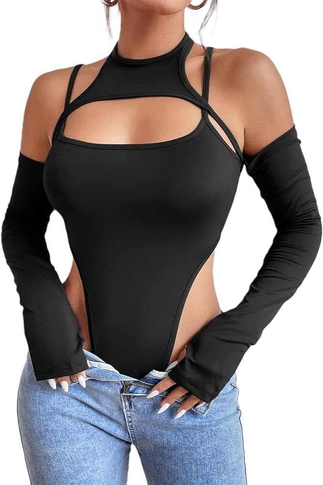 Hilinker Women's Cutout Bodysuit High Neck Cold Shoulder Leotard Jumpsuit Tops | Amazon (US)