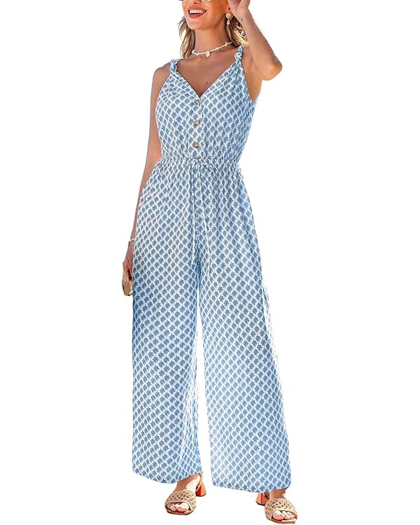 CUPSHE Summer Sleeveless Jumpsuits for Women Dressy Buttons Down Printed V Neck Wide Leg Jumpsuit... | Amazon (US)