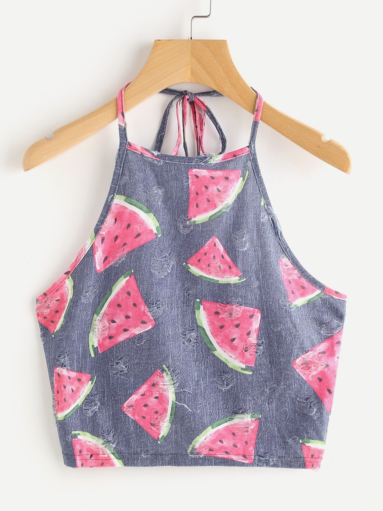 Watermelon Print Frayed Dot Detail Halter Top | SHEIN
