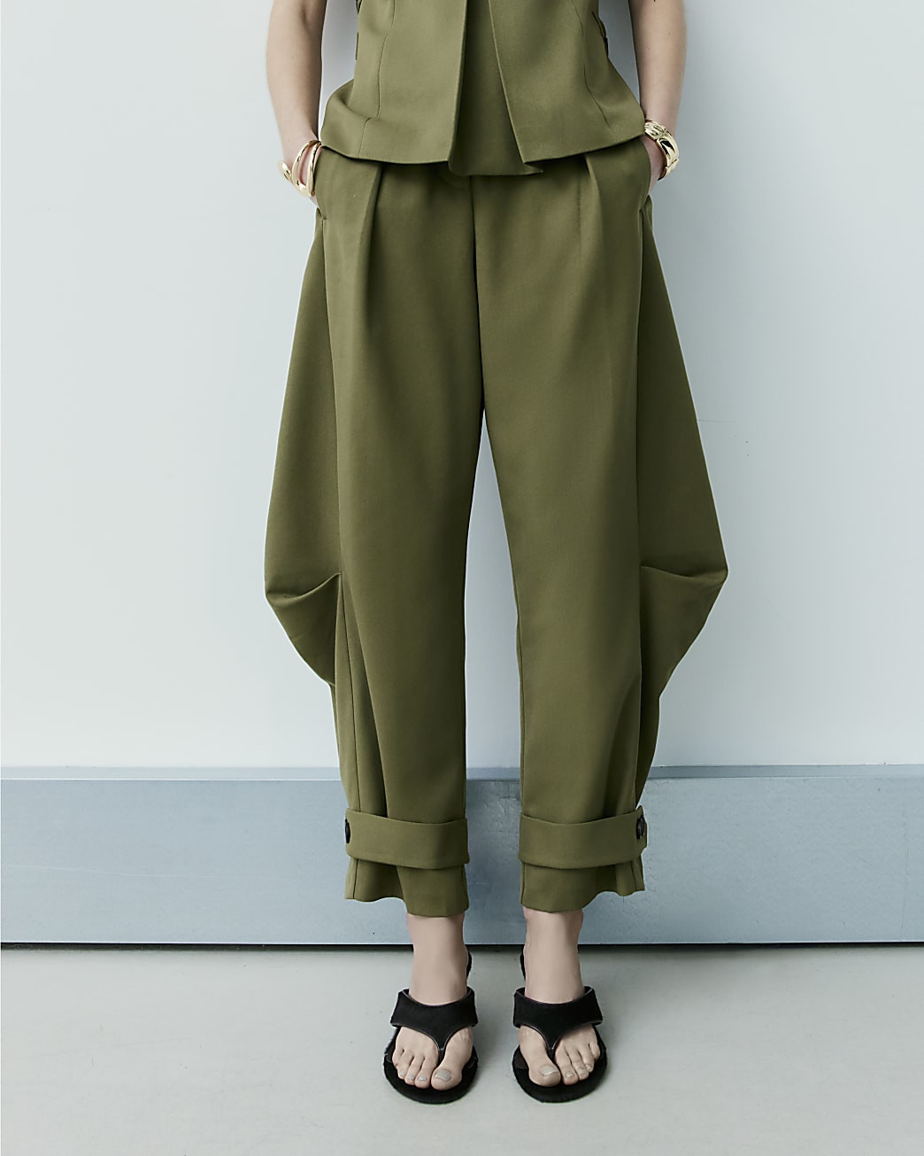 Green RI Studio Cuffed Tailored Trousers | River Island UK & IE