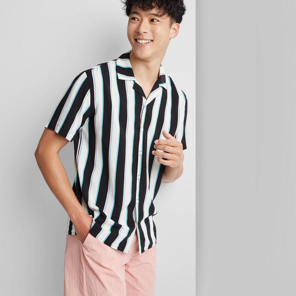 Adult Regular Fit Striped Short Sleeve Button-Down Shirt - Original Use Aqua XXL, Blue | Target
