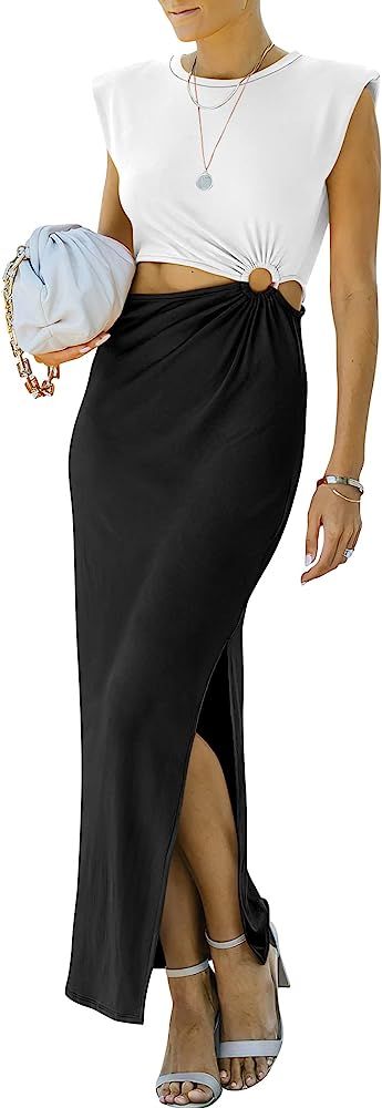 ANRABESS Women Summer Sleeveless Padded Shoulder Cutout Sexy Formal Slim Fit Maxi Slit Dress | Amazon (US)