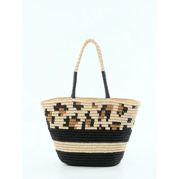 Time & Tru Women’s Leopard Straw Beach Tote Bag - Walmart.com | Walmart (US)