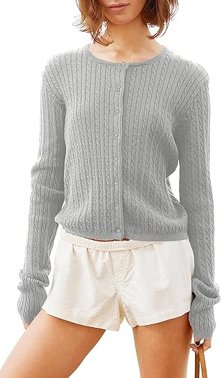 Women Y2k Cute Crewneck Cable Knit Lightweight Cropped Cardigan Tops Fall Open Front Button Pullo... | Amazon (US)