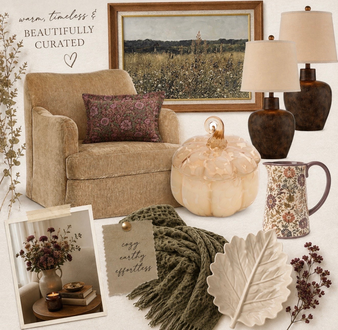 Creating the coziest fall home with warm, earthy tones 🍂🤎 Think tan upholstery, vintage-inspired floral patterns, deep burgundy and olive green accents, warm wood, ceramic details, and soft neutral lighting. These pieces are perfect for creating a cozy, timeless, traditional-inspired home that feels collected and inviting all season long. #FallHomeDecor #CozyHome #HomeDecor #FallDecor #TraditionalHome #VintageInspired #EarthyHome #NeutralHome #HomeInspo #LTKHome