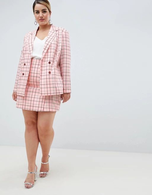 UNIQUE21 hero plus longline double breasted blazer in pink check two-piece | ASOS US
