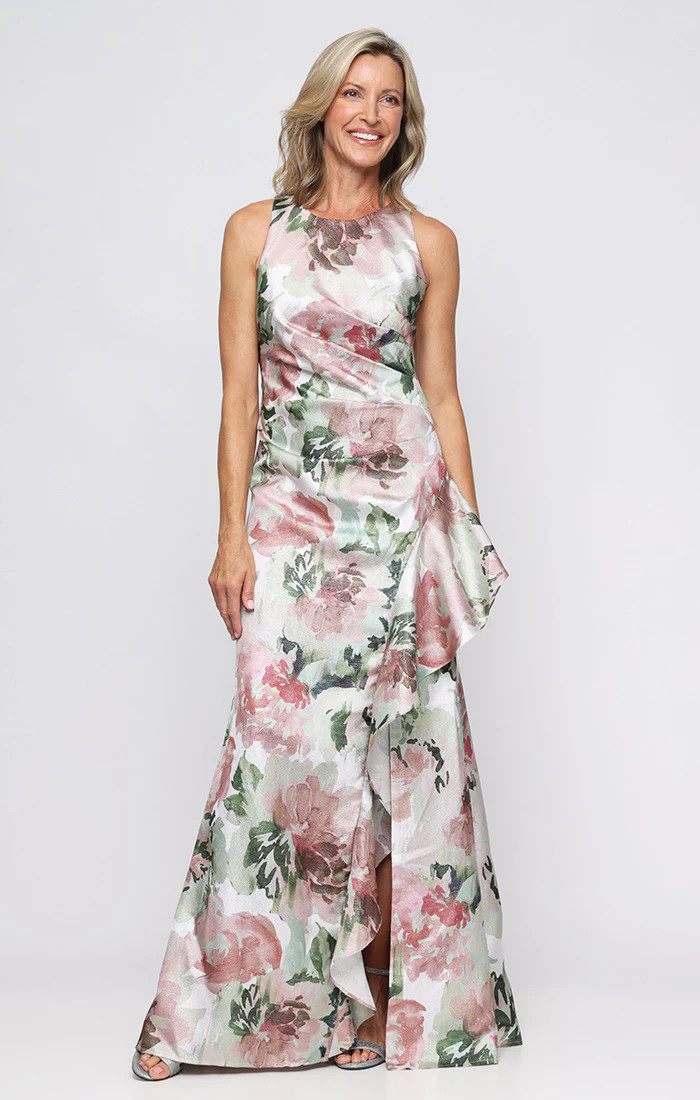 Floral Print Shimmer Dress with Ruffled Skirt Detail | Alex Evenings
