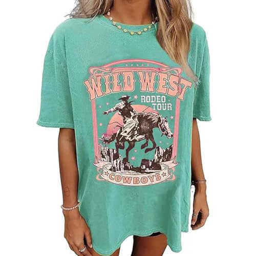 BOVANXU Women's Western Cowboy Shirts Vintage Rodeo Graphic Oversized Tops Short Sleeve Cowgirl T-Shirt Plus-Size T-Shirt(Green,XXLarge) | Amazon (US)