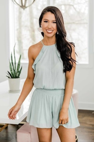 Call Your Bluff Smocked Romper Sage | The Pink Lily Boutique