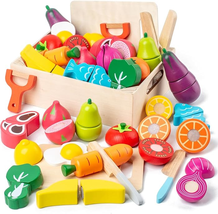 32 Pcs Wooden Play Food Sets for Kids Kitchen Accessories, Montessori Educational Toys Food, Pret... | Amazon (US)