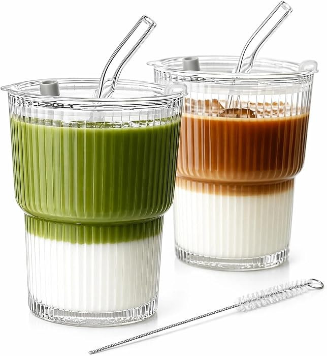 Ribbed Glass Tumbler with Lid and Straws, Resuable Ice Coffee Cups, To Go Iced Coffee Cups for Wa... | Amazon (US)