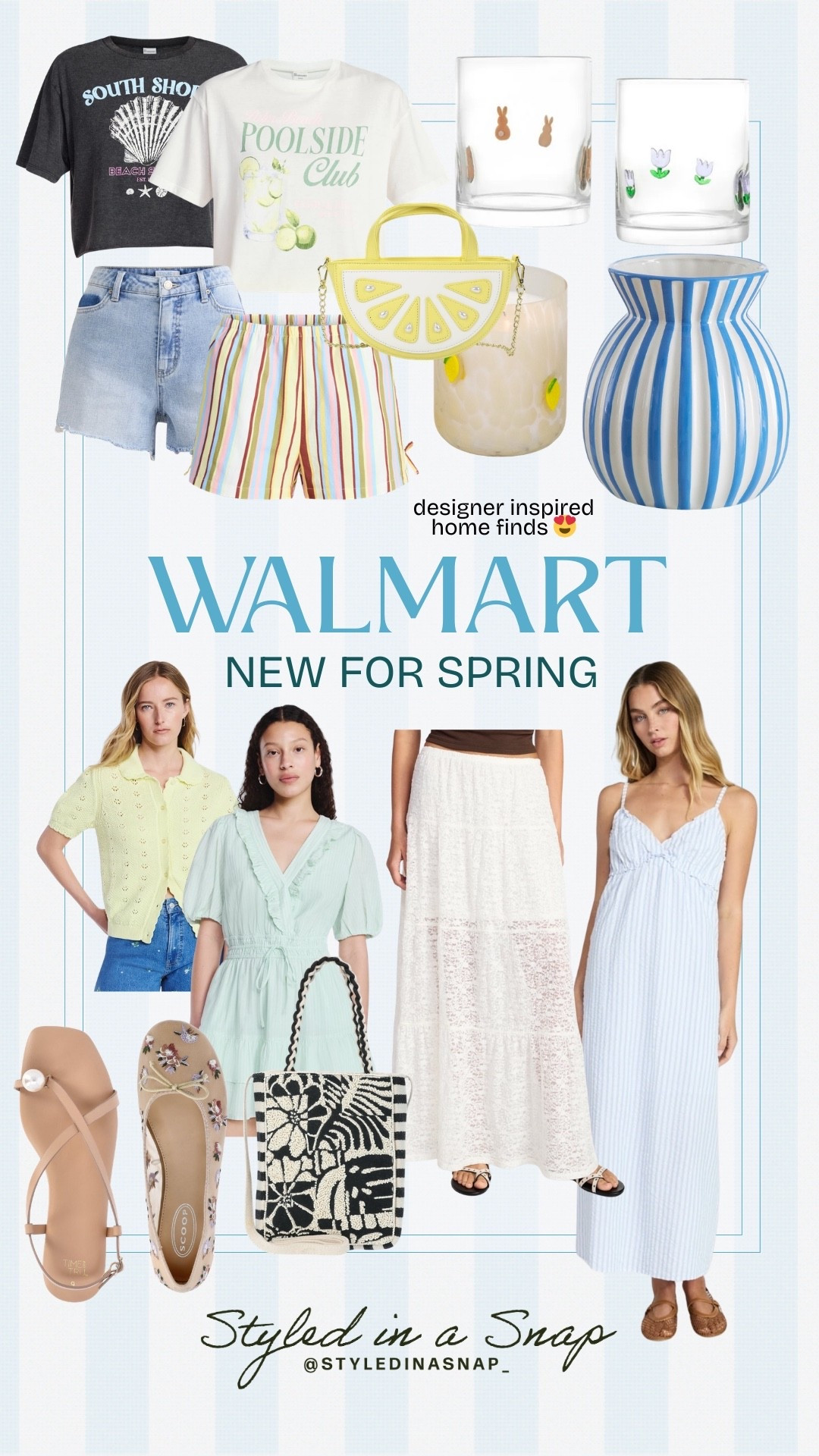 New spring arrivals at Walmart are giving major expensive vibes, but without breaking the bank. The colors are spring perfection and the stripes are so on trend! These boxy cropped tees are finally back in stock in new prints and they are adorable. I am loving all these crochet, lace and ruffle details. 
Spring finds, home finds, icon juice glasses, look for less sandals, striped vase 