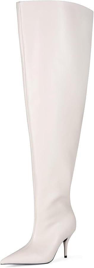 Women's Wide Calf Thigh High Heeled Boots Stiletto Cone Heel Boots Pointed Toe Pull On Black Boot... | Amazon (US)